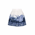 Detailed view of girls blue floral print skirt featuring a wide white elastic waistband - One Size / Mini Skirt