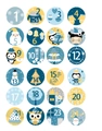 Set of 24 round Christmas countdown stickers with cute blue and yellow holiday illustrations - Blue Owl Purple
