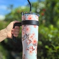40oz insulated stainless steel tumbler with cherry blossom floral pattern and handle - 1250ml / White with Peach Blossoms