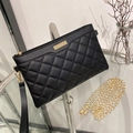 Elegant black quilted PU leather clutch bag with golden chain strap and wristlet - Black