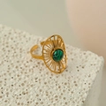 18k gold plated open ring featuring a round green malachite with sunburst design - Sunburst Round Malachite Open Ring