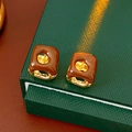 Close-up of French vintage square earrings with brown enamel on a green jewelry box - Ear Buckle / Brown