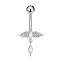 Macro shot of silver angel wing belly ring with marquise-cut white zircon on white background - Angel Wings Style (2932)