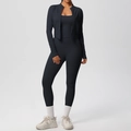 Three-piece black yoga set with full-zip jacket, tank top, and high-waist leggings - S / Black