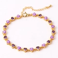 Adjustable gold bracelet with purple evil eye hearts and sparkling zircon stones - 18K Gold / Purple