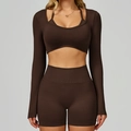 Completo yoga senza cuciture marrone scuro con top a maniche lunghe e pantaloncini - S / Long Sleeve+Shorts - Coffee Brown