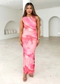 Detail view of pink abstract watercolor print on slim fit sleeveless maxi dress - Pink