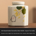 Miniature square ceramic tea canister in off-white glaze with moon rabbit and osmanthus art - Hand Painted Moon Rabbit - Square Straw Ash Jar
