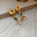 Boucles d'oreilles baroques avec placage or, gemme violette et grands pendentifs perles - Style Perle Cercle Coloré Gemme (42#)