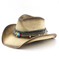 Chapeau de cowboy en paille tressée avec turquoise et ruban de perles ethniques - Beige Café Pulvérisation