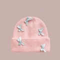Pink knit beanie hat decorated with light blue satin ribbons and cute bows - One Size / Pink/Blue Bow