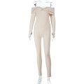 Detailed knit texture of beige off-shoulder long sleeve slim fit jumpsuit for women - S / Apricot
