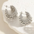 Silver multi-row bead C-shaped stud earrings featuring a textured sphere design - Copper Beads-Silver