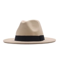 Elegant beige wool felt fedora hat with a black ribbon band for women and men - M (56-58cm) / Beige