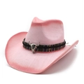 Pink gradient woven straw cowboy hat featuring a vintage bull skull emblem and ethnic band - M (56-58cm) / Rose Pink