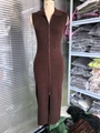Brown sleeveless knitted maxi dress with full-length metal zipper and ribbed texture - S / Brown