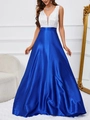 Elegant V-neck evening gown with white sequined bodice and royal blue satin skirt - L / Blue