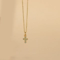Elegant gold necklace with cross pendant featuring six light blue turquoise stones - Round Blue Zirconia Cross