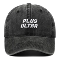 Washed black cotton baseball cap featuring white Plus Ultra embroidery on the front - Adjustable / Washed Black