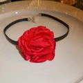 French vintage style choker with red fabric rose and black adjustable strap buckle - Dark Red (Thick)