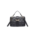 Vintage crossbody square bag with black leather, grey floral print and golden H buckle - Black Grey Monogram / Black