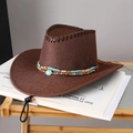 Chapeau de plage cowboy marron avec perles ethniques et mentonnière réglable - Brun Rougeâtre