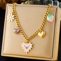 Gold chain necklace with colorful enamel heart, daisy, strawberry and butterfly charms - Multi-Pendant Cute Cartoon Style (N3331)
