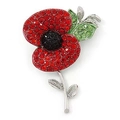 Detail of red rhinestone poppy brooch with black center and green leaves on silver base - Style AL-8