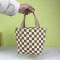 Retro corduroy handtas met ruitpatroon, stevige handvatten en vintage drukknoop - Beige Schaakbord