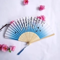 Blue and white gradient folding fan with cherry blossoms, butterflies and blue tassel - Blue-White Gradient Cherry Blossom & Butterfly Wooden Rib Style