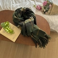 Detail of dark green plaid scarf with fringe on wood tray with flower background - Army Green Plaid
