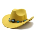 Detail view of yellow felt cowboy hat featuring turquoise beads and metal ornaments - M(56-58cm) / Yellow