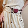 Burgundy suede mini waist bag with woven bohemian strap and wooden beads decoration - Burgundy Frosted Suede Miniature Braided Waist Bag