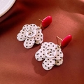 Retro white flower earrings with black polka dots and red oval accents on dark background - Black Polka Dot Flower Style (2#银针-浅黄色-花朵)