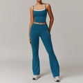 Ensemble de yoga dos nu bleu lac profond avec rayures blanches et pantalon évasé - S / Gilet + Pantalon Évasé / Bleu Mer Foncé