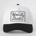 Detailed close-up of Howdy Darlin' embroidery on two-tone vintage cotton baseball cap - Adjustable / White and Black Splicing