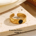 Minimalist 18K gold plated stainless steel ring with black enamel and feather engraving - Feather Engraved Pattern Style (854-5)