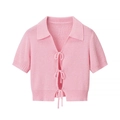 Cárdigan corto rosa de punto con mangas cortas, lazos y cuello de solapa suave - S / Rosa