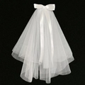 Elegant white multi-layered bridal veil with a silk ribbon bow on a dark background - Straight Edge with Bowknot