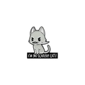 Cartoon grey cat enamel pin holding a knife with I'M NO SCAREDY CAT slogan detail - Cat with Knife (XZ3614)