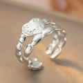18k gold plated retro pleated ring with heart engraving and double bead design - Heart Lettered / Silver