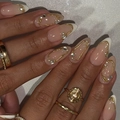 French tip almond press-on nails with 3D gold lines, pearls and rhinestones - French Pearl Rhinestone Almond Style (JP4202)