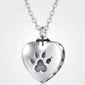 Polished stainless steel heart cremation necklace with paw print engraving for pet memorials - Silver