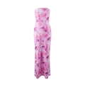 Detail van roze en paarse aquarel bloemenprint op een nauwsluitende strapless maxi-jurk - S / Roze
