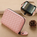 Pink woven leather card holder with multi-slot accordion interior and zip closure - 18 Card Slots + 2 Coin Slots / Pink