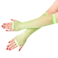 Detail of neon green long fishnet gloves with fingerless design for party and festival wear - One Size / Green