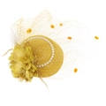 Elegant yellow fascinator hat with vintage mesh veil, feathers, and pearl trim - Gold