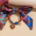 Elastico per capelli etnico in tessuto floreale arancio e blu con ciondoli sole e cuore - 1# Collana-Arancione