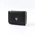 Women's black litchi pattern trifold wallet featuring golden petal snap and zip pocket - Black