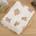Detail of soft double-layer cotton baby blanket with bear print and fringe trim - Double Bears